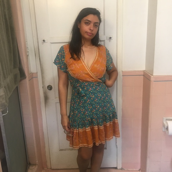 Boho Teal & Orange Wrap Dress - Picture 13 of 17